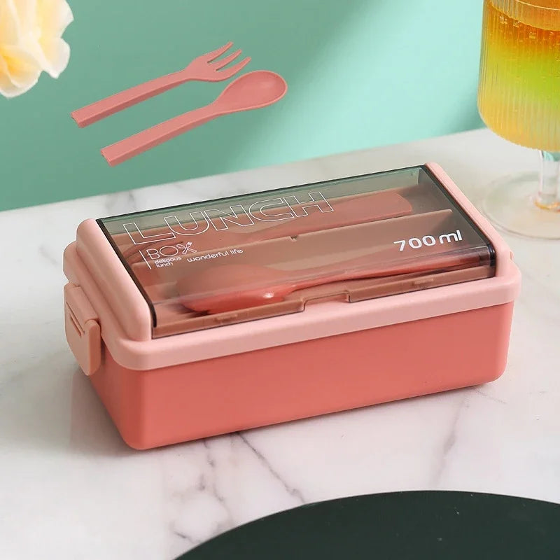 Single/double Layer Lunch Box Portable Leakproof Student Microwave Dinnerware Set with Fork Spoon Food Snack Storage Container Oasis Select Single-Pink