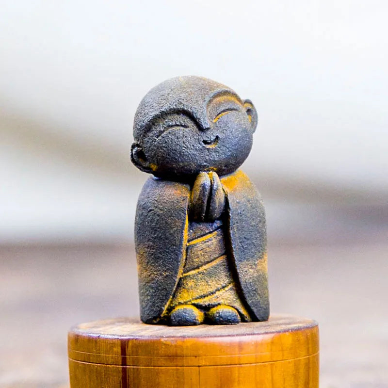 Zen Creative Cute Little Monk Buddha Statue Ornament Home Living Room Tea Play Desktop Imitation Cast Iron Handmade Craft Oasis Select