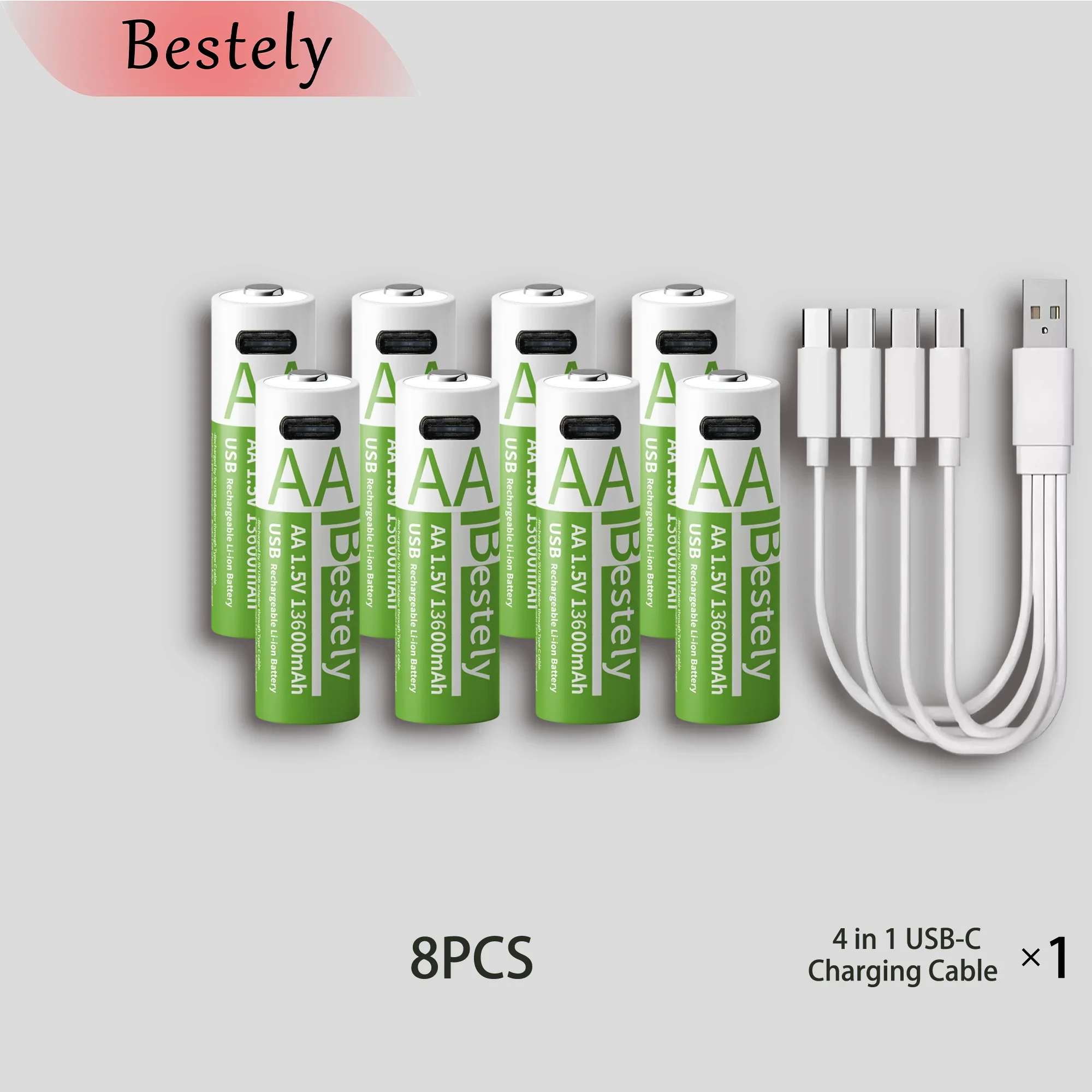 Latest Rechargeable 1.5V AA 13600mAh USB Lithium Battery , Fast Charging Li-ion AA Battery , 2000 Cycle with USB- C Port Cables Oasis Select 8 pcs batteries