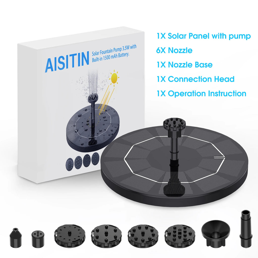 3.5W Solar Fountain Pump, Solar Water Pump Floating Fountain Built-in 1500mAh Battery, with 6 Nozzles, for Bird Bath Oasis Select