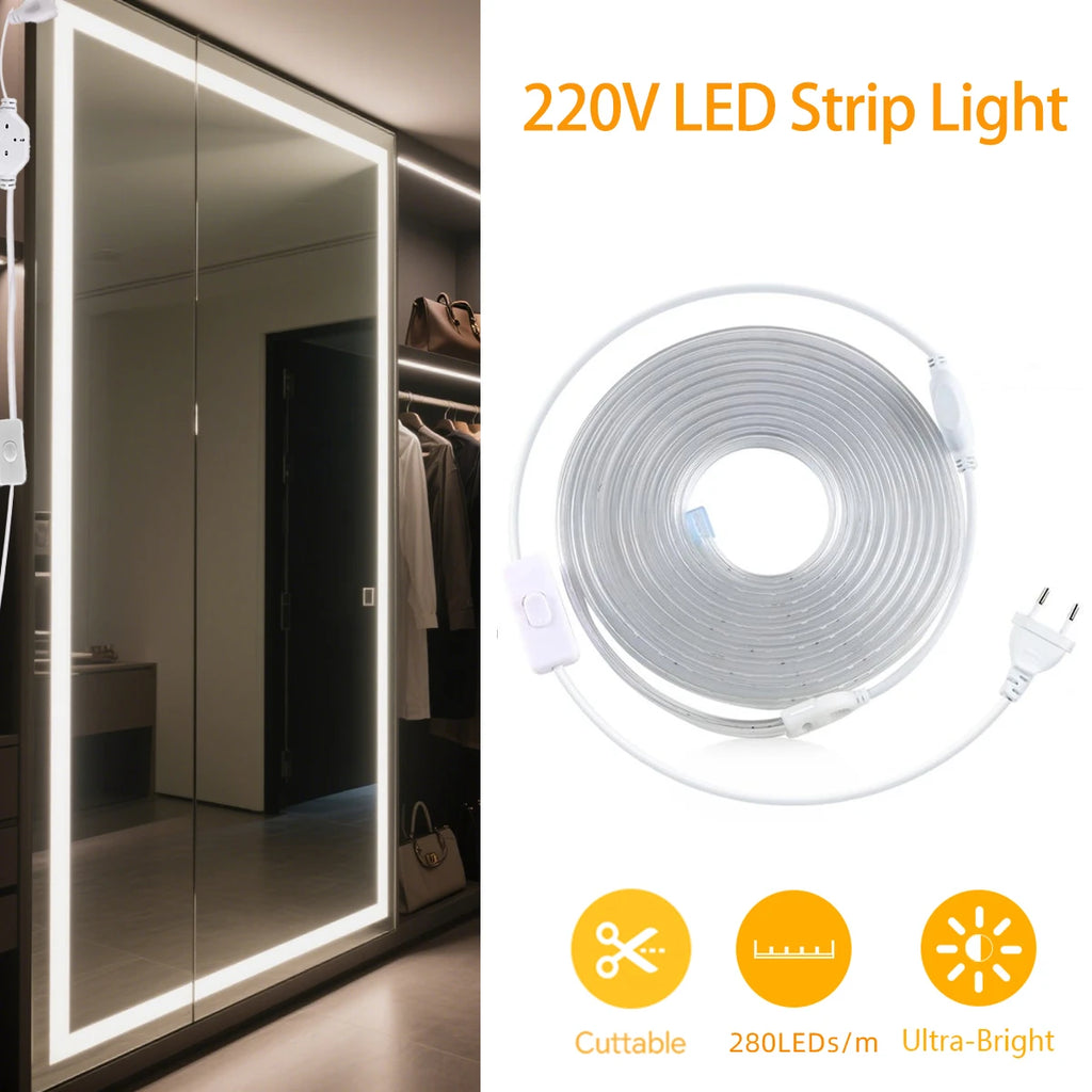 LED Dressing Mirror Backlight Lamp With 220V Swtich EU Plug 280LEDs/m 1-20m High Brightness Light Strip for Livingroom Wardrobe Oasis Select