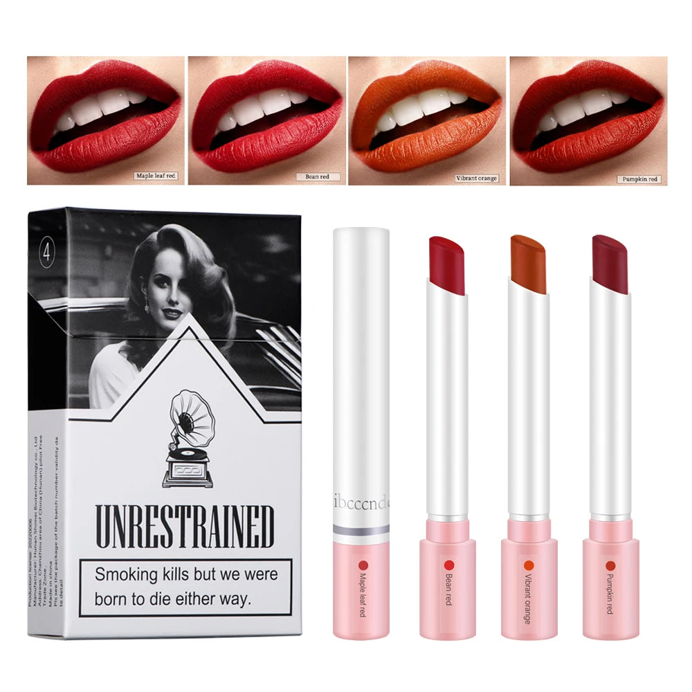 4 pcs/set Cigarette Lipstick Set Long Lasting Lip Glaze Matte Lip Gloss Waterproof Lip Stick Tube Nude Lip Tint Makeup Cosmetics Oasis Select 4 colors