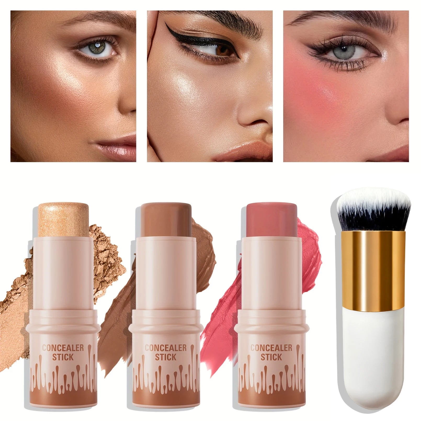 Hello Kiss 4-Piece Contour Highlight Blush Stick Set & Brush