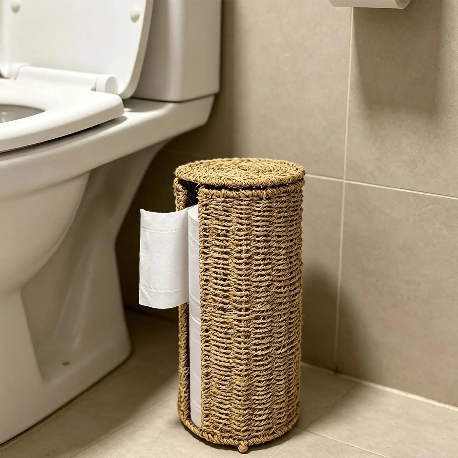 Toilet Paper Holder Handwoven storage basket No-Drill Bathroom Organizer with Cup Holder Bathroom Organizer Bathroom Decor Oasis Select