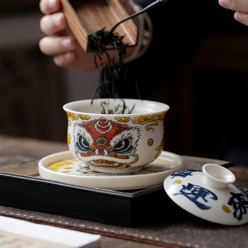National Tide Lion Cloth Bag Hover Revolving Cover Bowl Teacup Single High-end Tea Bowl Ceramic Pot Bearing Kung Fu Tea Set Oasis Select