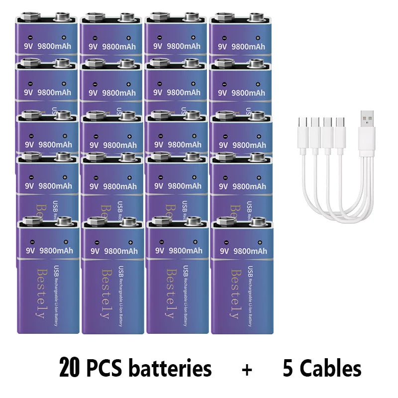 9V Rechargeable Li-ion Battery 9800mAh PP3 6F22 6LR61 006P USB Charging For Smoke Detector Alarm Microphone Toy Oasis Select 20 PCS Batteries