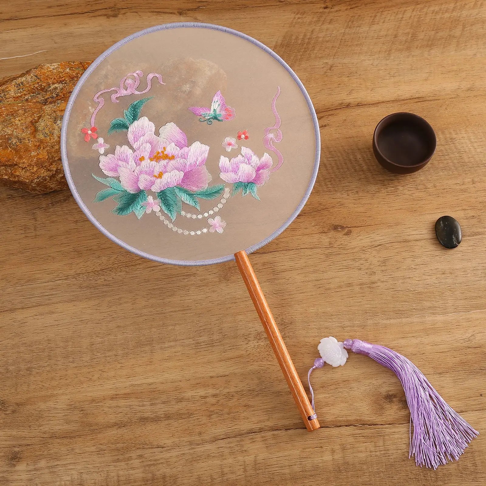 Chinese Style Silk Round Fan Double-sided Floral Embroidery Hand Fans with Tassel Summer Dance Fan For Women Wedding Home Decor Oasis Select Style 9
