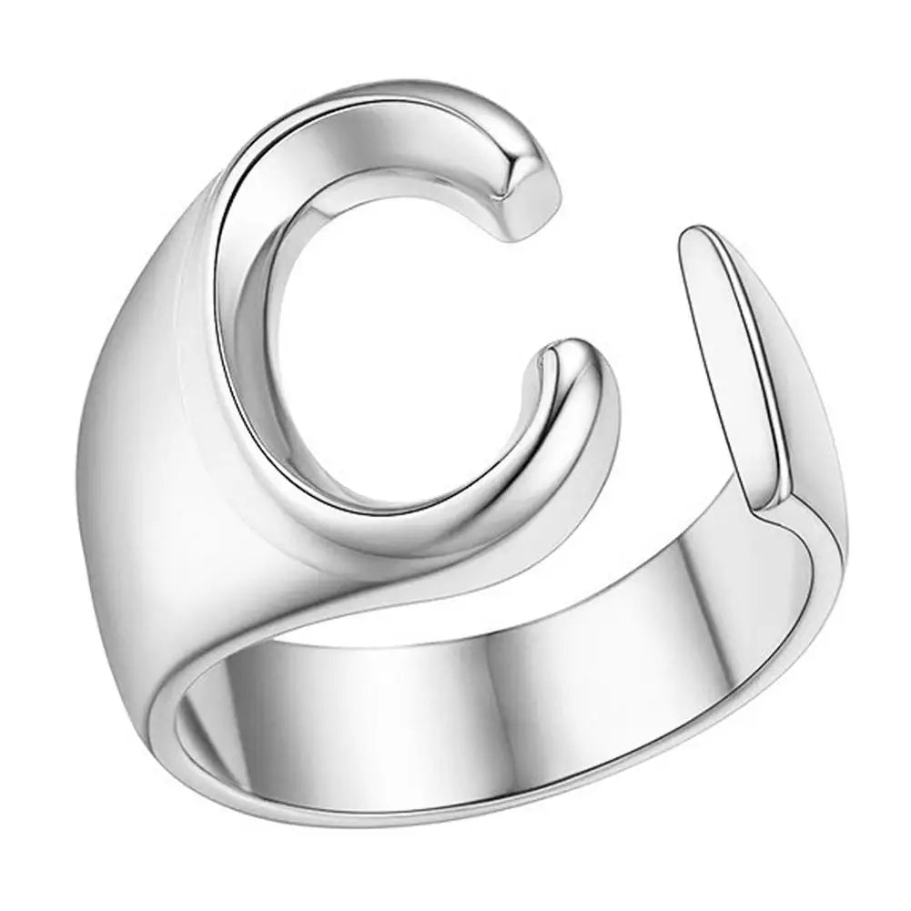 A-Z Initial Letter Ring – Adjustable Silver Open Ring for Women