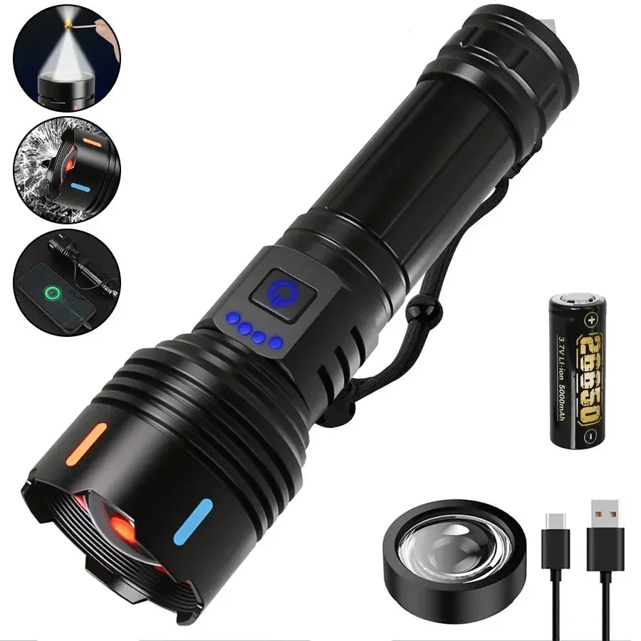 100000LM Ultra Bright LED Flashlight Rechargeable with Flame Ignition&Window Breaker Tactic Torch for Outdoor Camping Adventure Oasis Select 1pcs-battery5000mAh