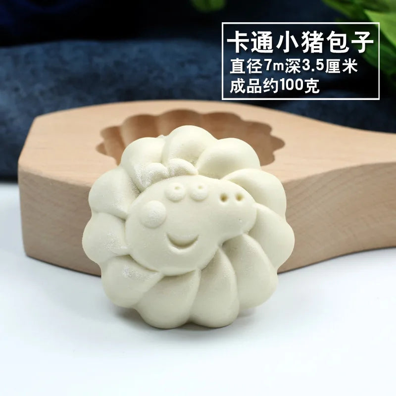 Kitchen Handmade Noodle Steamed Buns Pattern Steamed Bread Mold Baking Wooden Pasta Large, Medium and Small Cage Printing Tool Oasis Select piggy