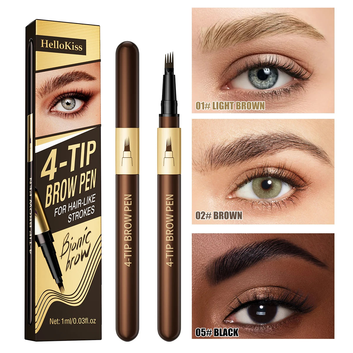 Hello Kiss 4-Tip Eyebrow Pencil – Waterproof & Long-Lasting