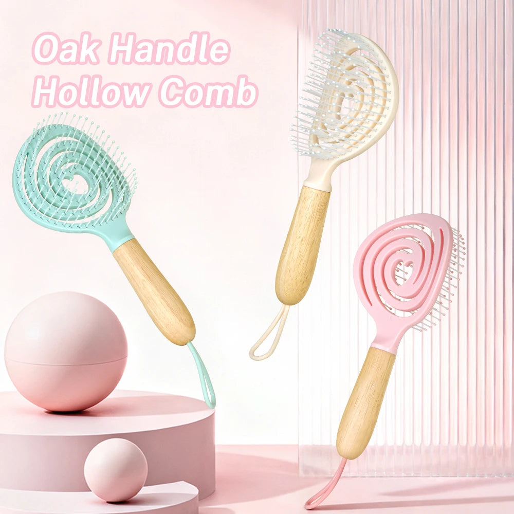 Pastel Spiral Vent Hair Comb – Oak Wood Handle | 3 Colors Hair Styling Comb Oasis Select