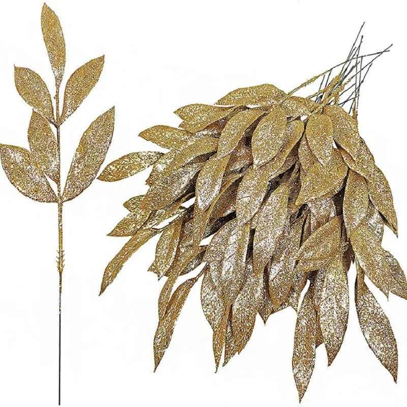 1pcs Glitter Bay Leaf Stems Artificial Christmas Spray Picks Fake Floral Leaf Branches Wired Stem Decor For Christmas Tree Oasis Select