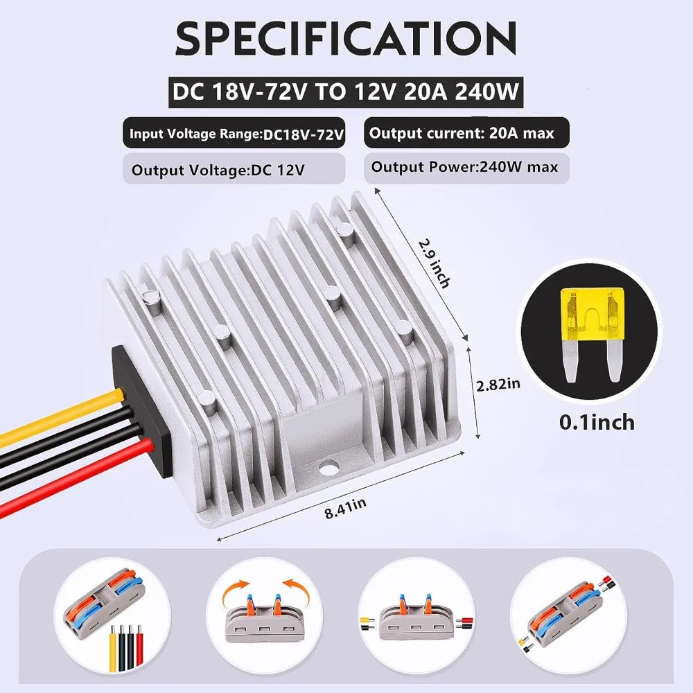 72V 60V 48V 36V 24V 20V 18V Step Down to 12V 20A 240W Buck Converter Golf Cart Voltage Regulator Reducer Transformer with Fuse Oasis Select