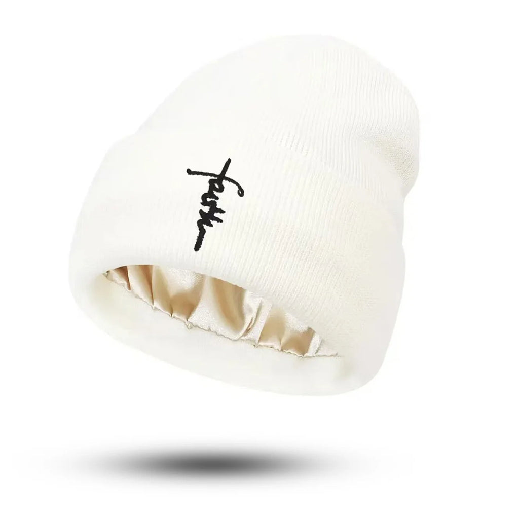 Alphabet embroidered hat, brimless hat, double-layer thickened warm knitted hat, inner lining head, cold hat, melon skin hat Oasis Select WHITE
