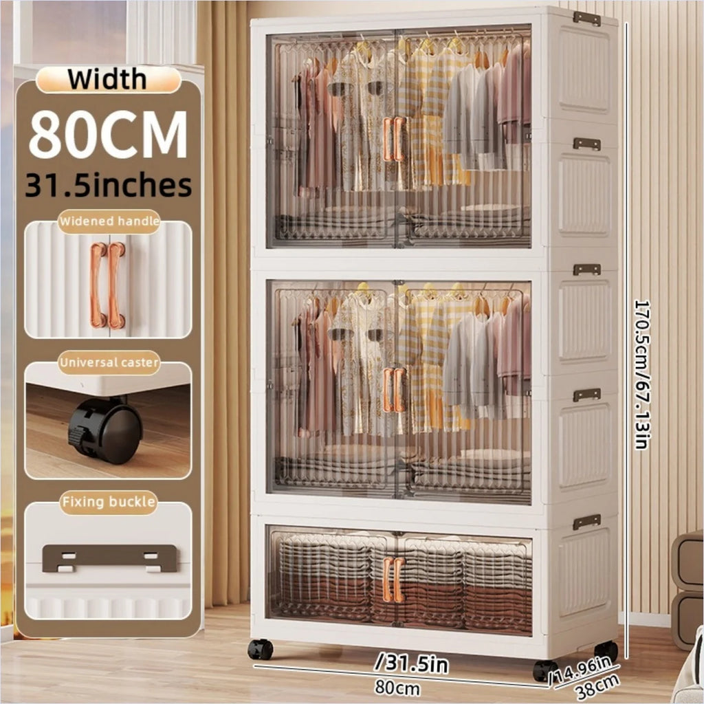 80cm Foldable Double-Door Wardrobe-No Assembly Portable Closet, Large Capacity Storage for Bedroom/Living Room (Clothes/Quilts) Oasis Select 2Large 1Small Clear