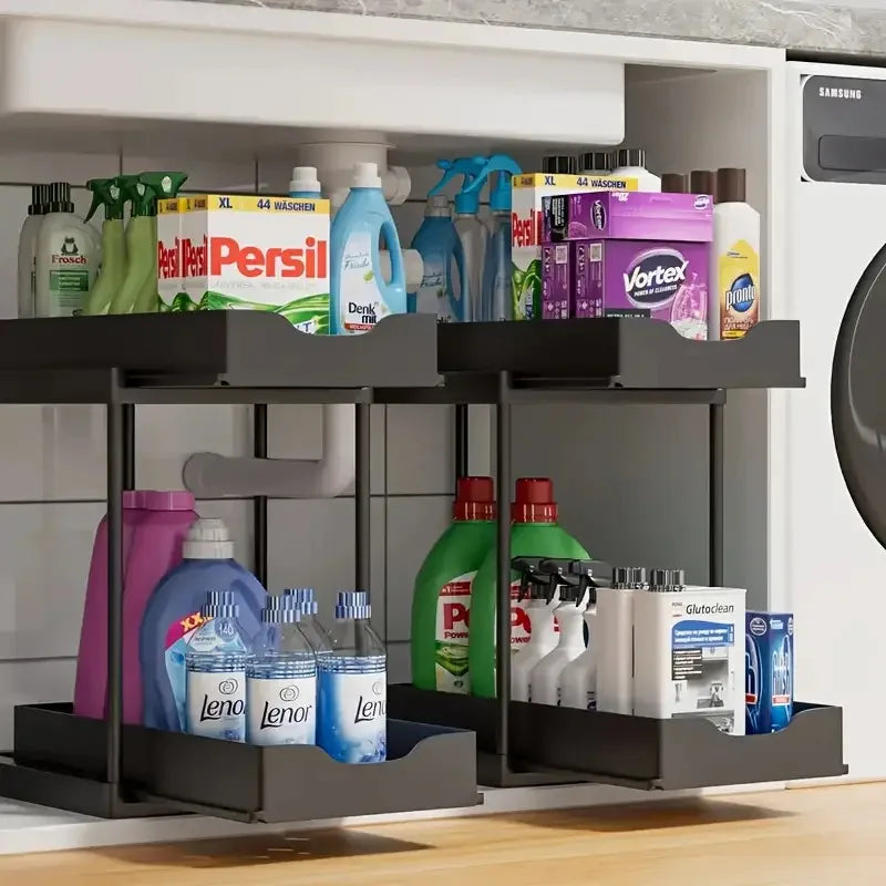 Pull Out Storage Rack 2 Tier,Black/White Under Sink Organizer with Non-Slip Drawers for Kitchen Bathroom Cabinet Bathroom Shelve Oasis Select