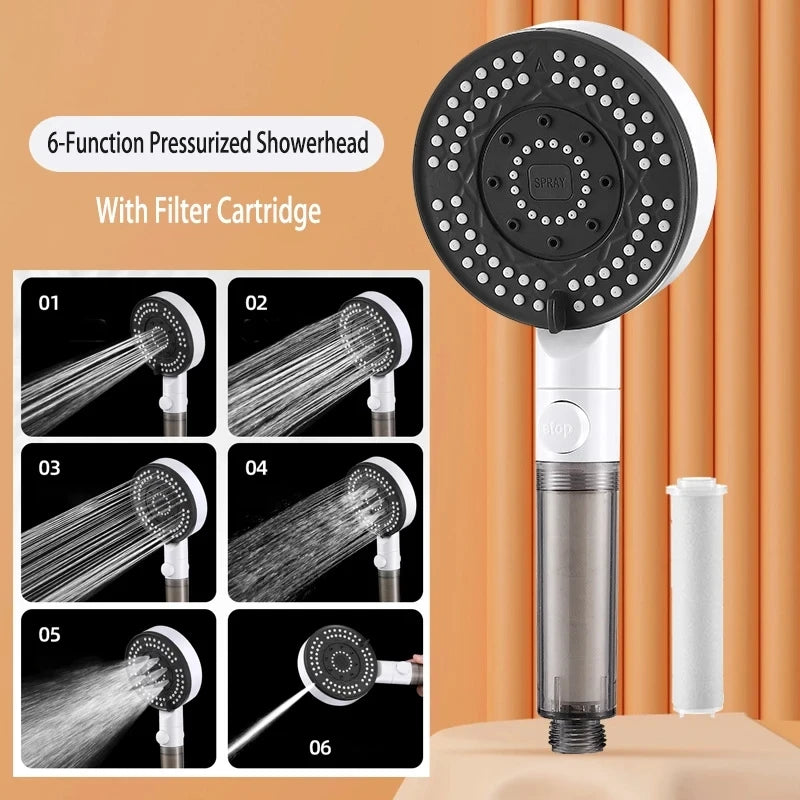 6 Modes Filter Shower Head Anti Limestone High Pressure Rain Showerhead Water Stop Hose Support Faucet Bathroom Accessories Sets Oasis Select