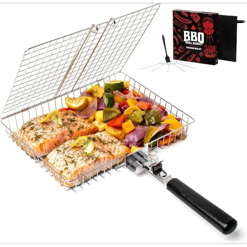 Portable Stainless Steel Folding Grill Basket BBQ Grill Basket With Handle for Fish Vegetables Shrimp Cook Accessories Outdoor Oasis Select