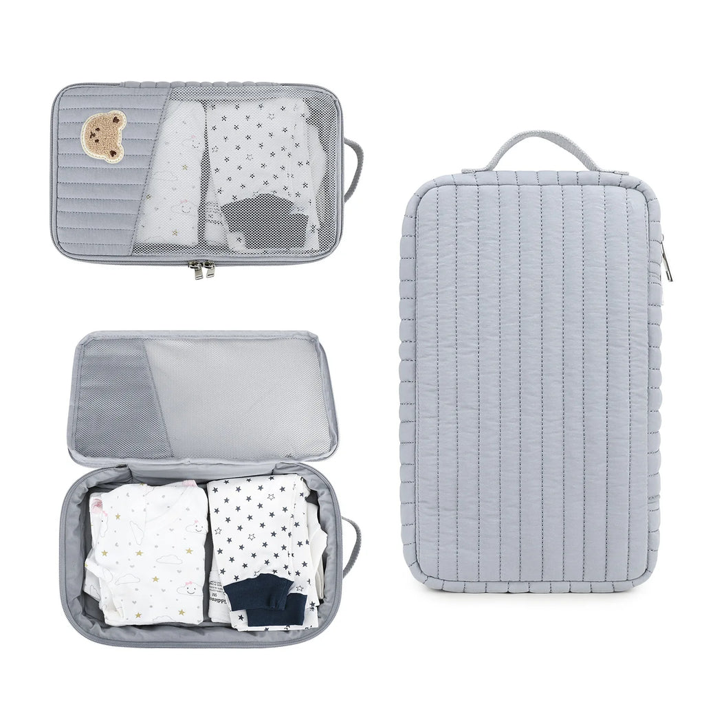 Cute Cartoon Bear Quilted Storage Bag Vertical Stripe Portable Travel Organizer for Baby Clothes Underwear Cosmetics Oasis Select