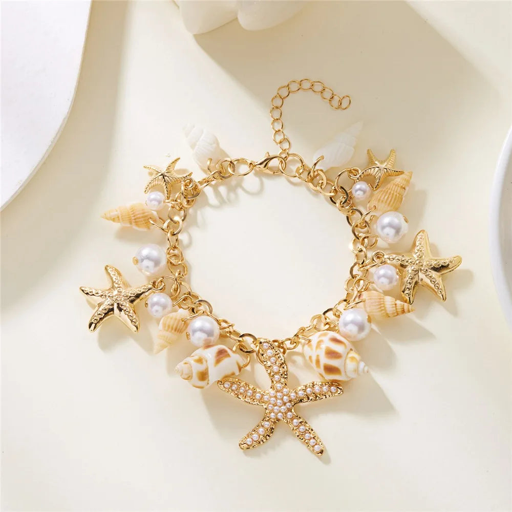 Vacation Bohemian Starfish Necklace Exaggerate Tassel Pendant Waist Chain Pearl Conch Shell Bracelet for Women Oasis Select Starfish 1