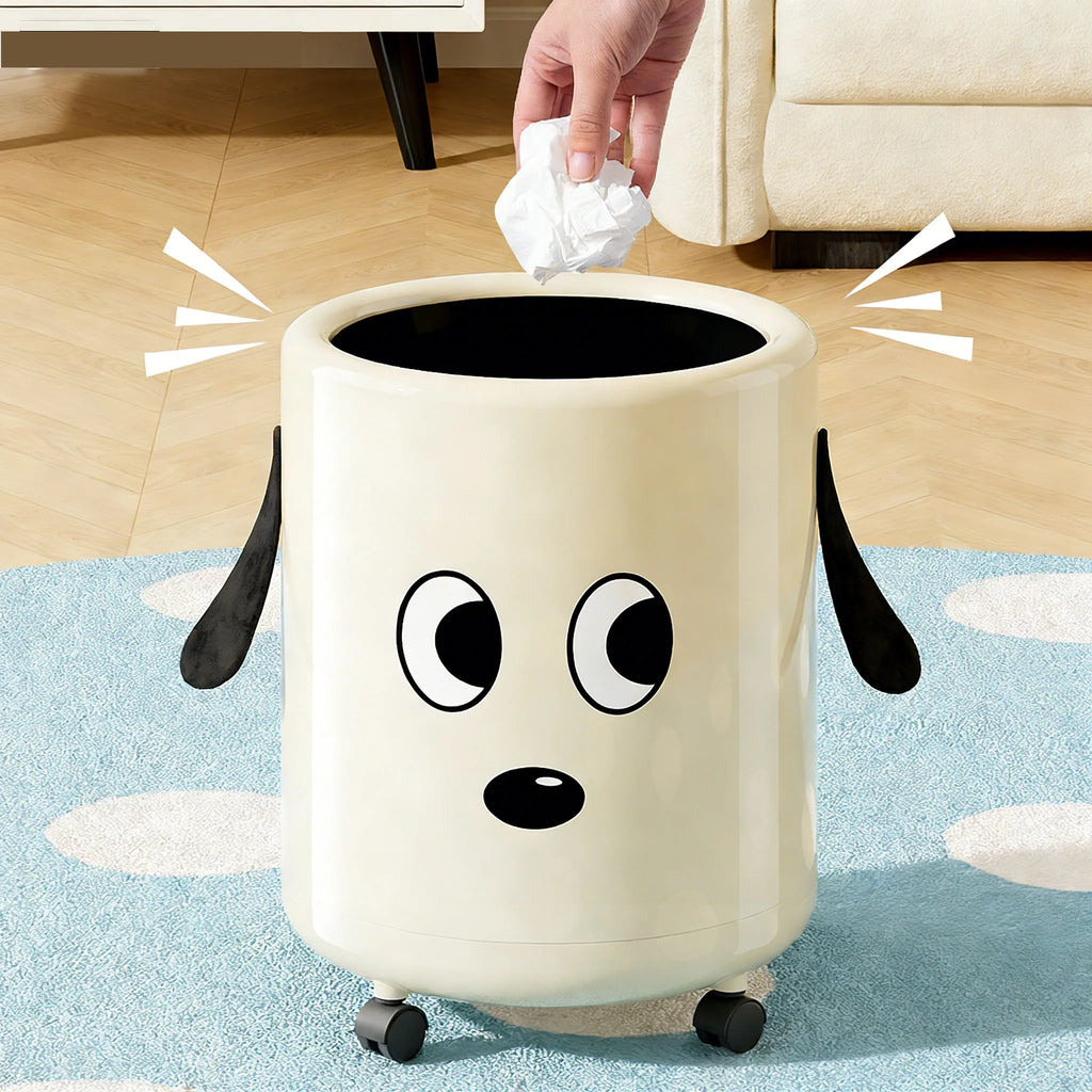 A trash can with wheels. Features a cute cartoon dog design. Practical and serves as a home decor item. Oasis Select