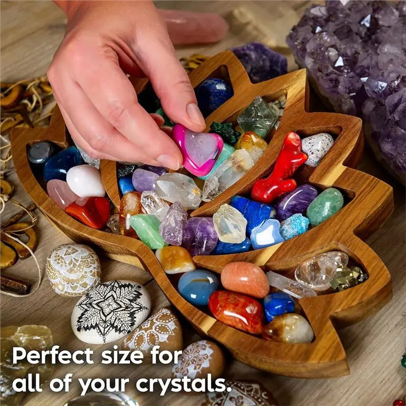 ~WISH Healing Stones, Gems-Lotus Crystal Display Tray-11" X 7" Wooden Rock Bowl, Crystal Holder-Showcase Oasis Select