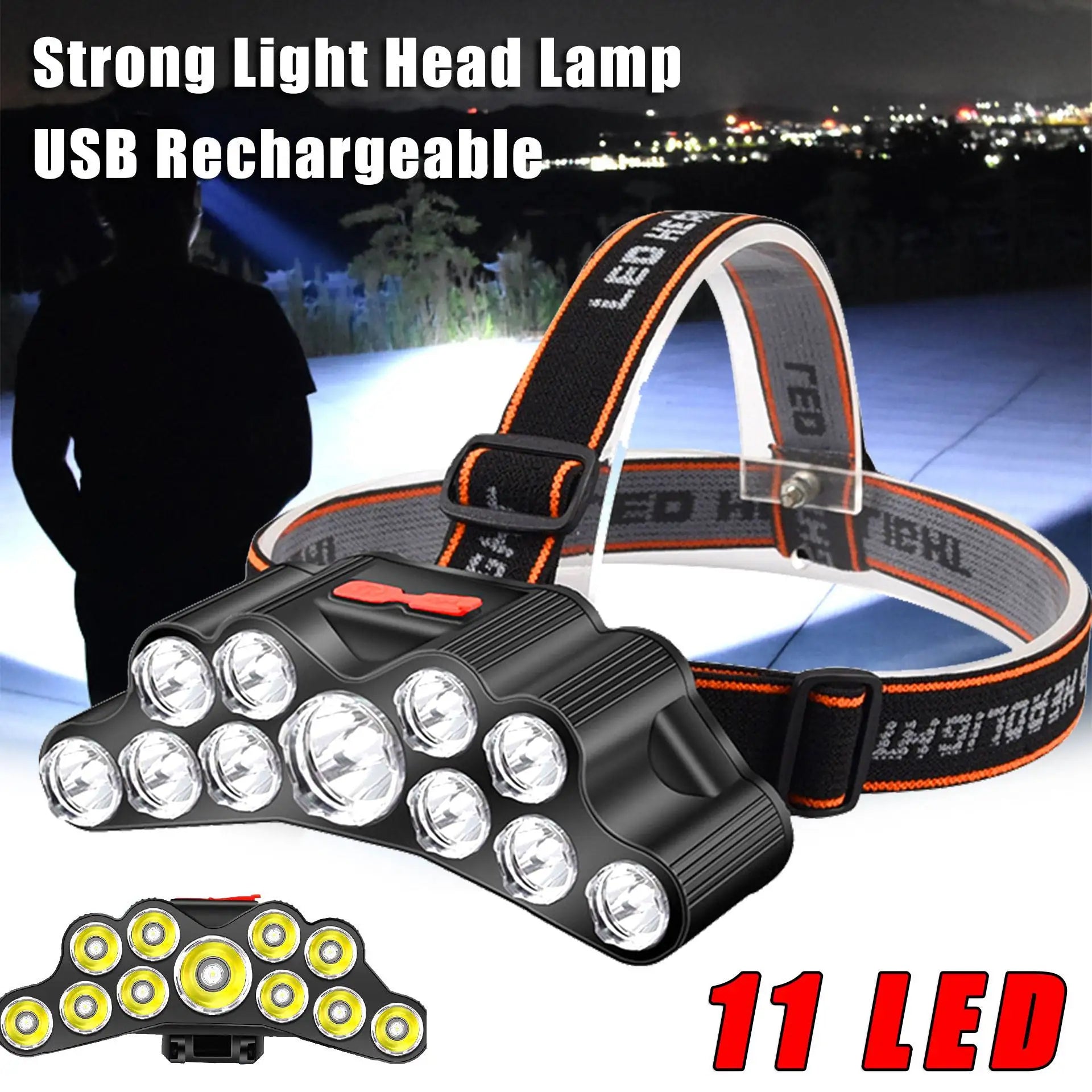 5/11 LED Headlamp Strong Light Head Lamp USB Rechargeable Headlight Built-in 18650 Battery Fishing Flashlight Outdoor Lantern Oasis Select