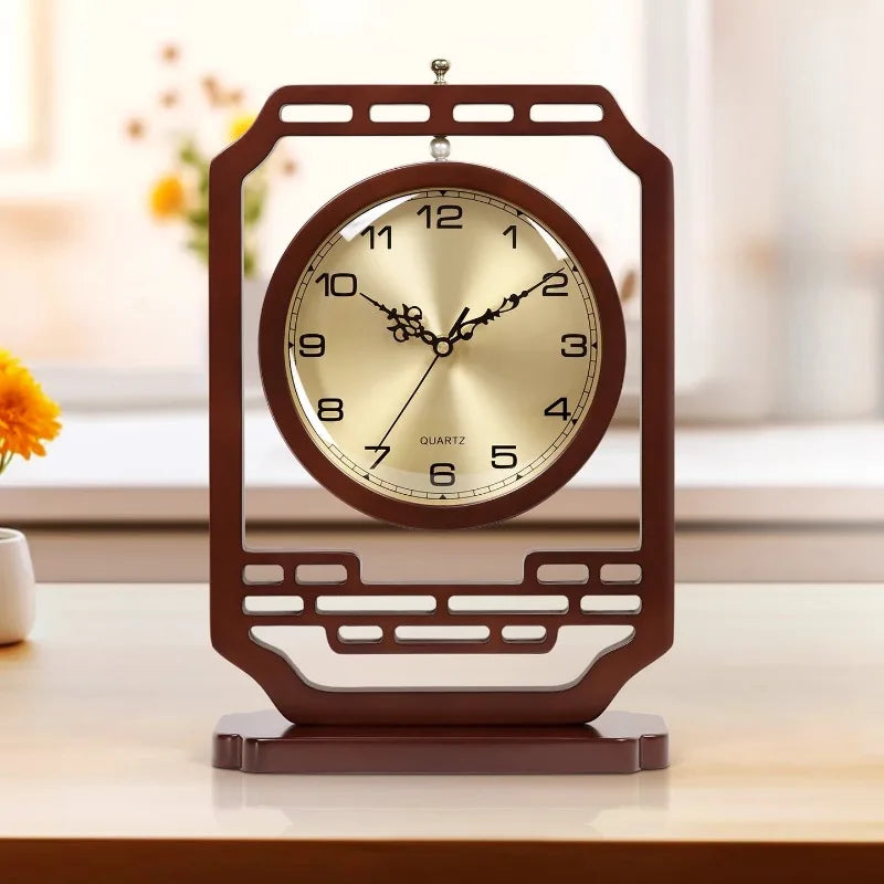 New Chinese Style Table Clock Living Room Household Silent Display Office Bar Counter Solid Wood Desktop Decoration Oasis Select