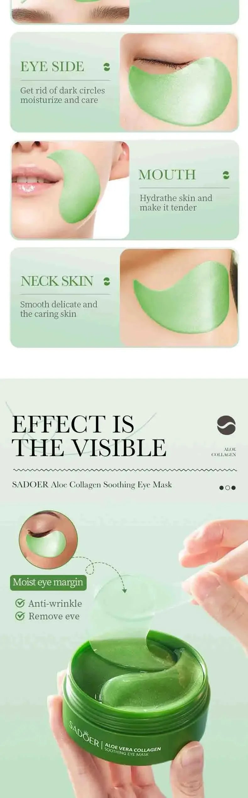 60pcs Aloe Vera Collagen Eye Mask Anti Dark Circles Eyes Bags Moisturizing Anti-Wrinkles Eye Patches Eyes Skin Care Products Oasis Select