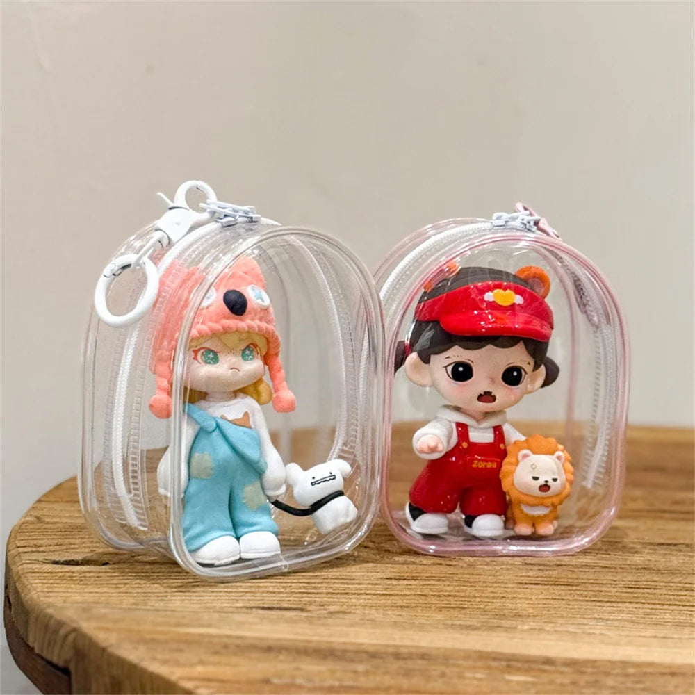 12cm PVC Transparent Storage Bag with Keychain Multicolor Cartoon Doll Display Box Dustproof Case Earphones Gift Organizer Bags Oasis Select