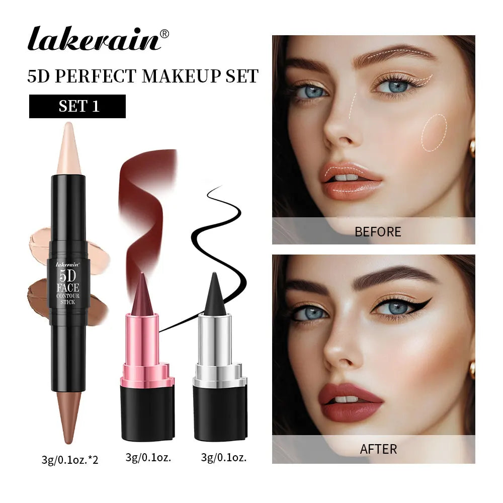 5D Perfect Makeup Set With Contouring Stick Eyeliner And Lipstick Easy Coloring Sweat-proof Long Lasting Daily Makeup Set Oasis Select