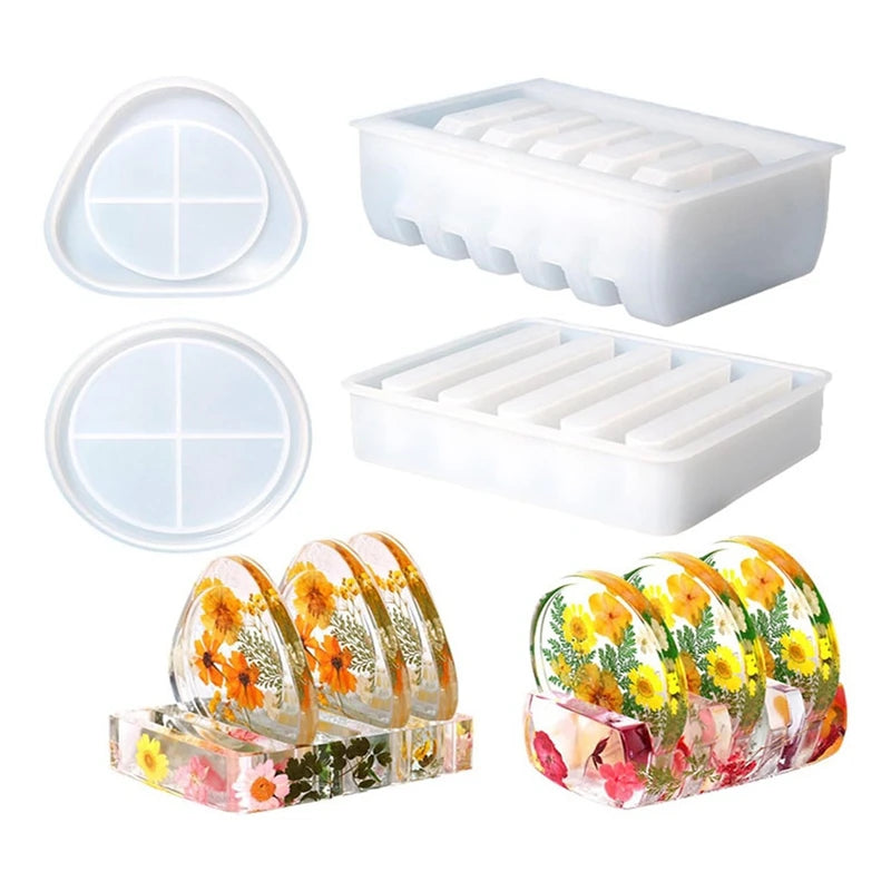 4 Pcs Resin Coaster Mold Set Coaster Mold For Epoxy Resin Triangle Round Coaster Mold Resin Coaster For Cup Mat Easy Install Oasis Select White NONE
