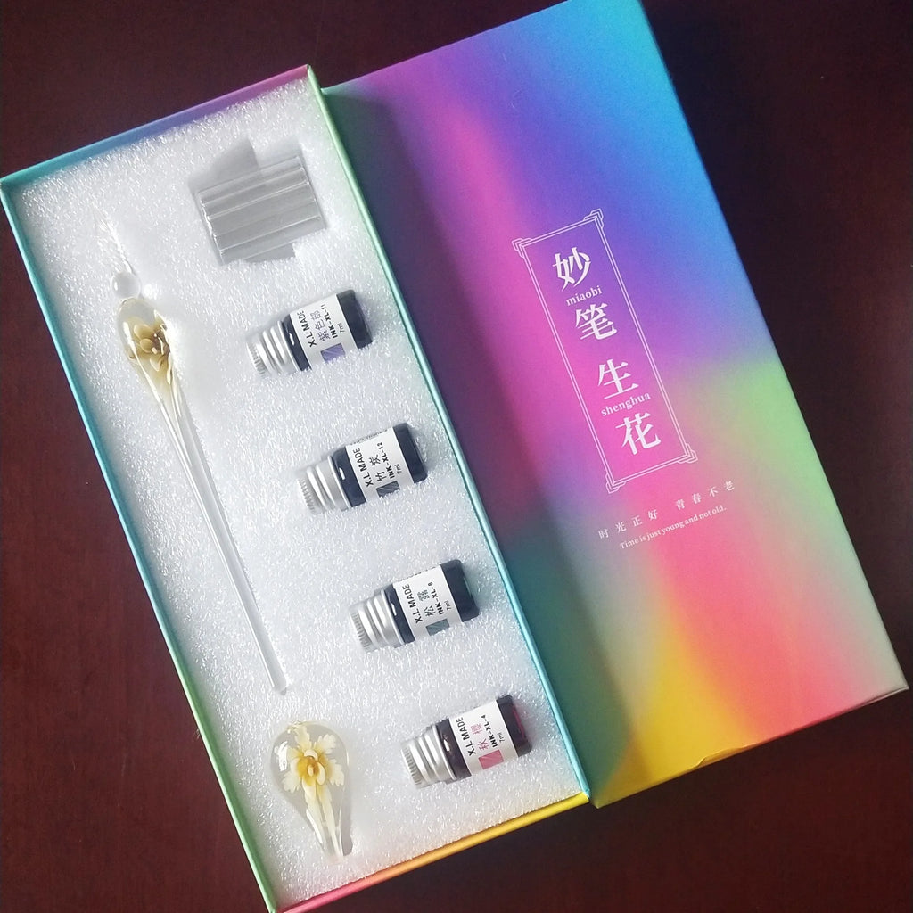 Embedded Flower Glass Pen Set Starry Sky Gold Powder Color Ink Dip in Water Pen Gift Box for Friends and Students as Gift Pen Oasis Select 21