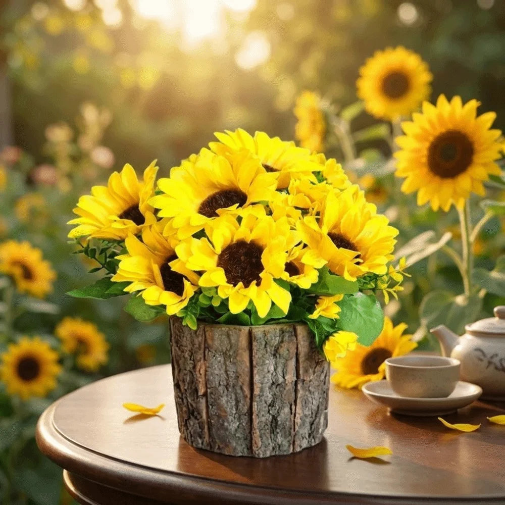 Artificial Sunflower Bonsai in Bark Pot | Faux Plant Home Décor