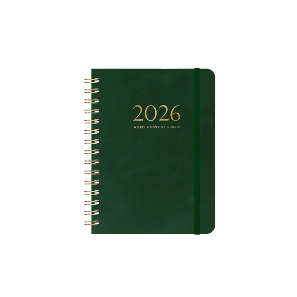 A5 2026 Weekly Monthly Planner PU Leather Cover Self-fill Coil Schedules Notebooks with Strap Calendar Daily Planner Notepad Oasis Select Green