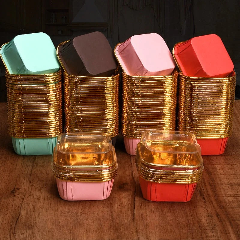 50 Pieces Square Baking Cups with Lids Oil Proof Paper Cake Molds for Cupcakes Chiffon Cakes and Party Dessert Making Oasis Select
