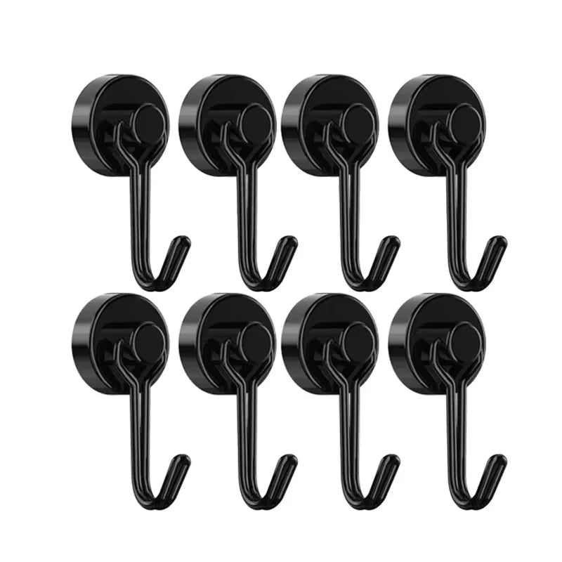 Neodymium Magnetic Hooks 5KG - 360° Rotating No Drill Hangers for Fridge/Doors, 4PCs Heavy Duty Kitchen Organizer (Black/White) Oasis Select 8pcs black