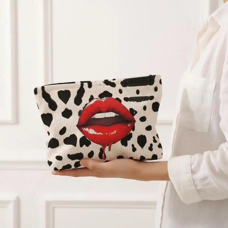 Corduroy Makeup Bag Lip Print & Zipper | Cosmetic Clutch Cosmetic Makeup Bag Oasis Select