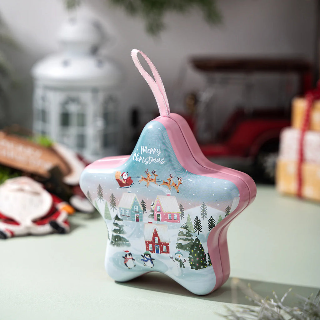 Christmas Tin Box Star Shaped Chocolate Cookies Candy Box With Hanging Rope Christmas Storage Box Ornaments Gifts Oasis Select Style F