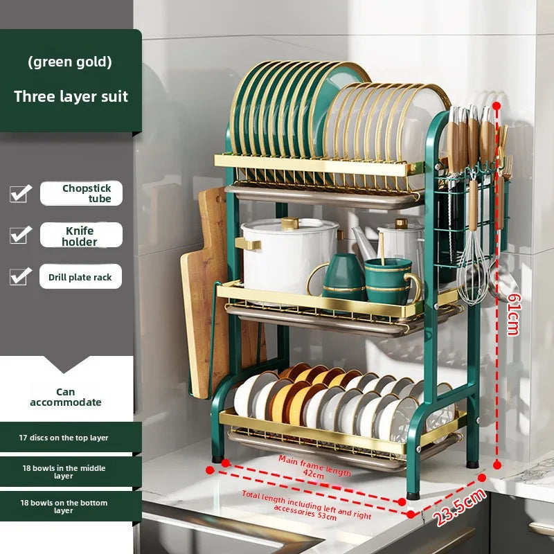 Kitchen Storage Artifact H-Type Dish Rack Drain Rack Multi-layer Multifunctional Bowl Rack Chopstick Rack Kitchen Shelf Oasis Select LJ three-layer set