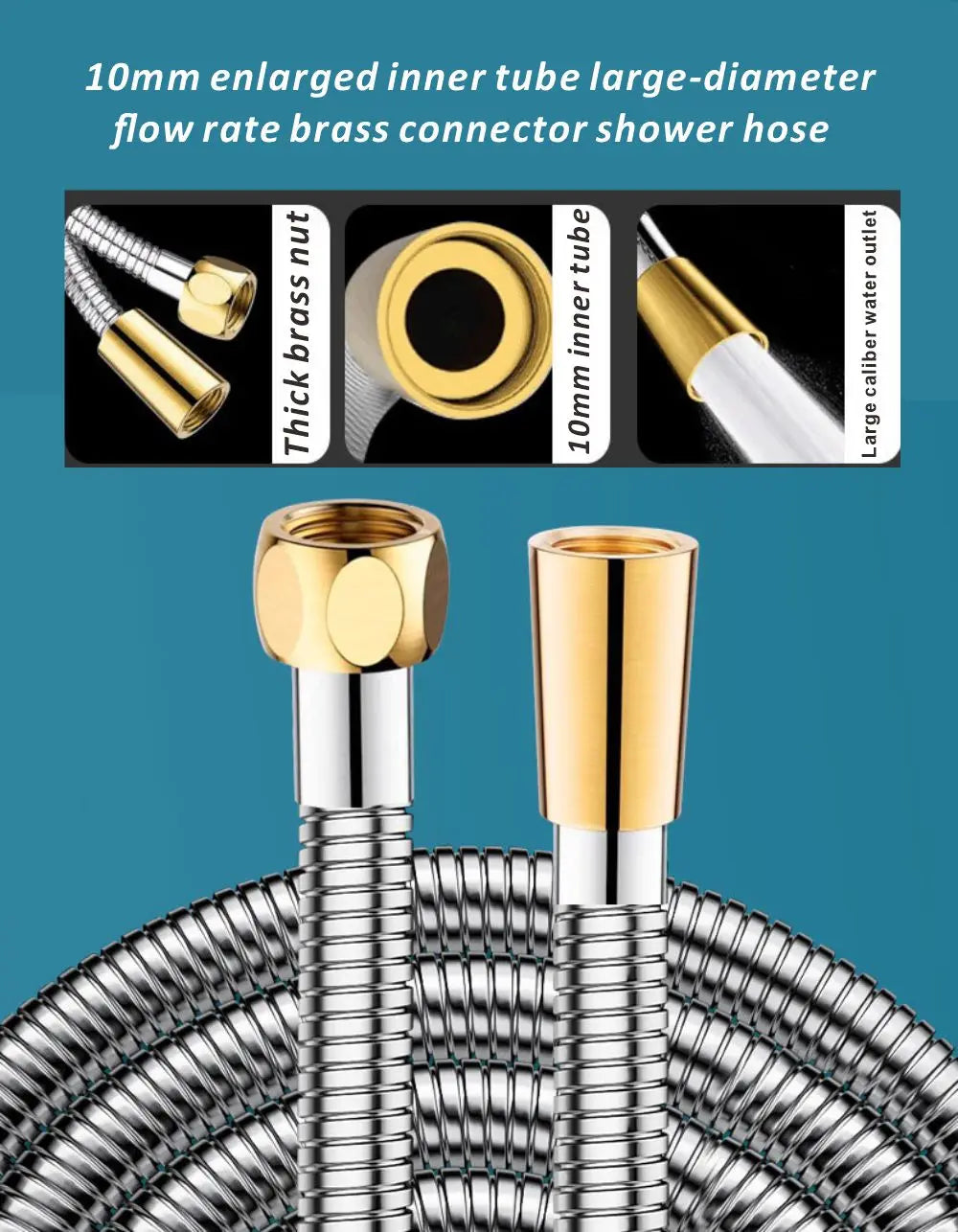 1.5/2/3M Flexible Shower Hose Stainless Steel 10mm Inner Tube Enlarged Large Flow Long Bathroom Shower Pipe Bathroom Accessories Oasis Select