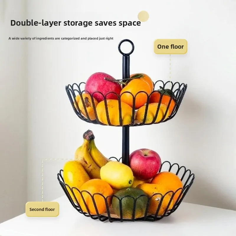 Kitchen double-layer fruit basket removable wooden bottom fruit plate hand basket living room wrought iron candy snack plate Oasis Select
