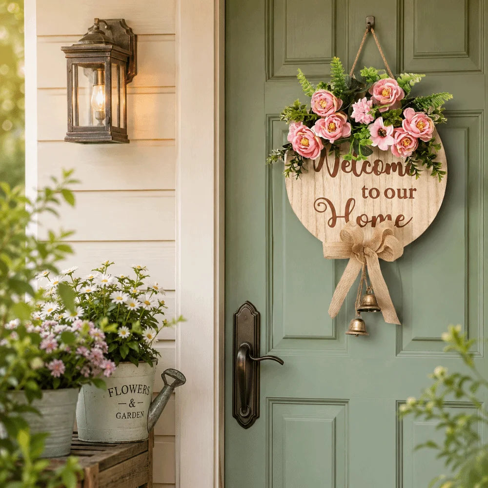 Creative 2D Flat Welcome Sign Wooden Bow Knot Hanging Decoration Flower Round Shape Wall Art Porch Decor Oasis Select