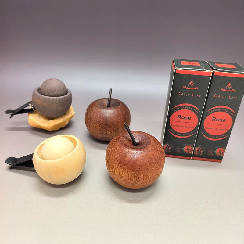 Wooden Oil Diffuser with Essential Oil Set，2pcs Apple Style+2pc Sphere+2 Bottles Essential Oil,for Bedroom Living Room Car Decor Oasis Select rose set