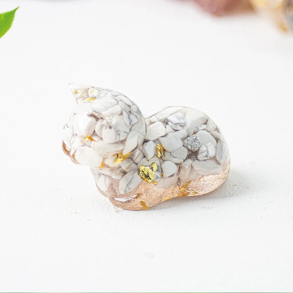 Crystal Chip Epoxy Lying Cat Figurine | Desk Decor & Gift