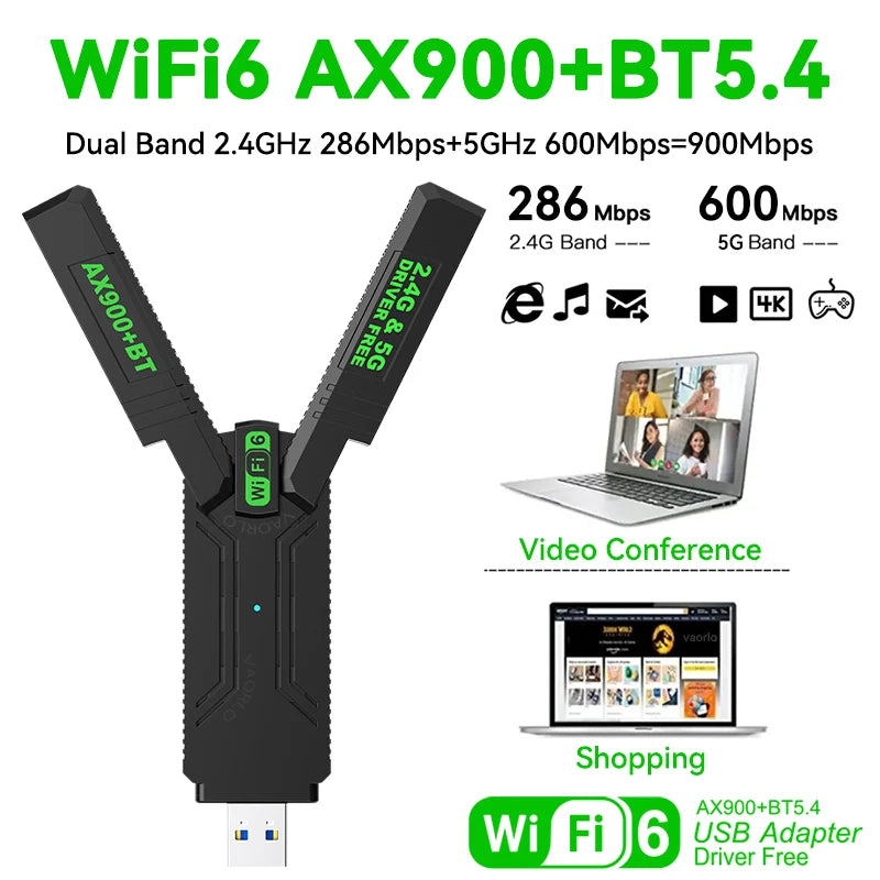 AX900 WIFI6 USB Adapter 2IN1 Bluetooth 5.4 900Mbps WiFi 6 Dual Band 2.4G&5G 802.11AX USB3.0 Wireless Card Receiver For WIN10/11 Oasis Select
