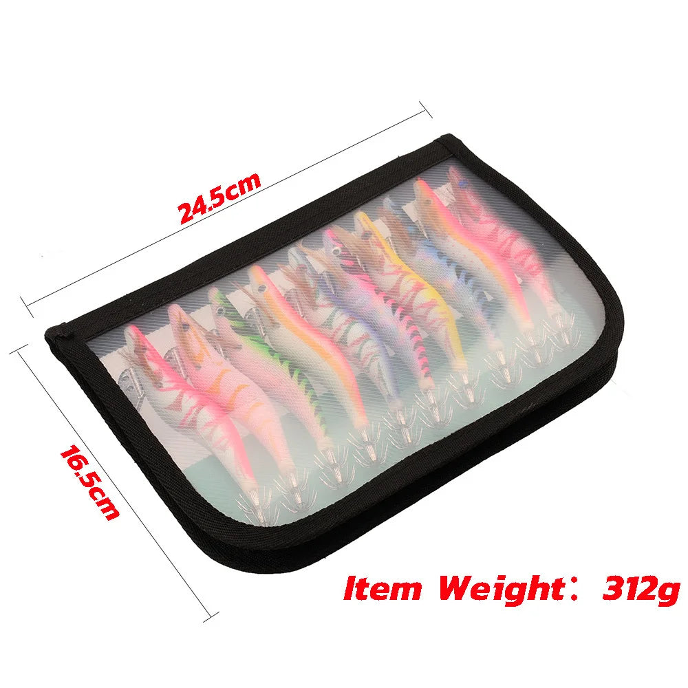 Luminous Squid Bait Set 13.5cm/21.5g Wooden Shrimp Bag with Squid Needle Lure Sea Fishing Jig 3.5# for Ocean Fishing Oasis Select