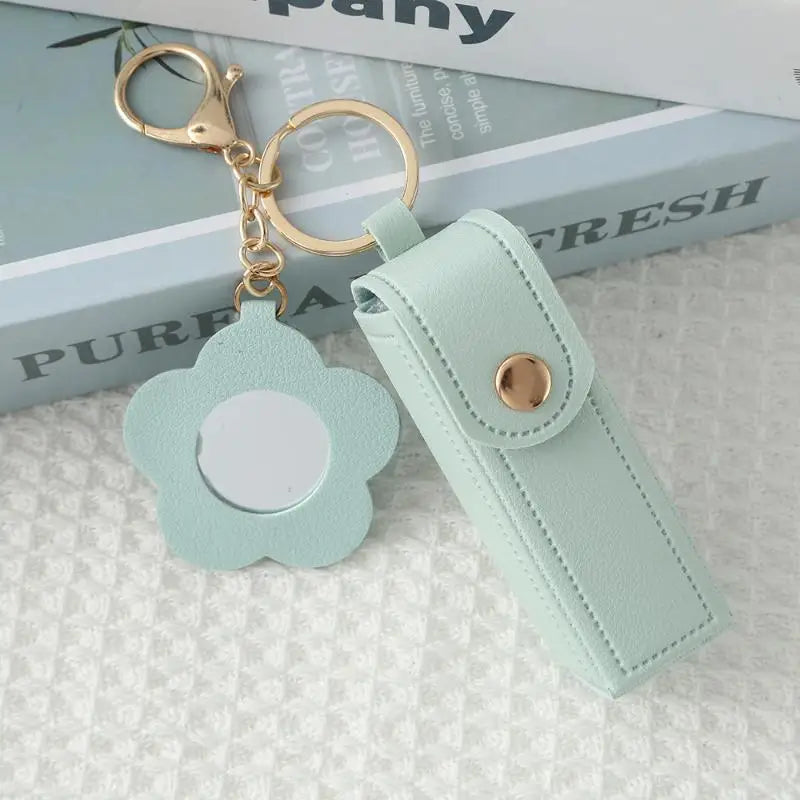 PU Leather Lipstick Holder Keychain with Flower Mirror