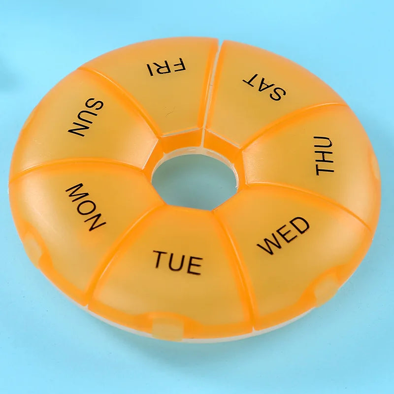 1Pcs Round Pill Case Plastic 7 Days Weekly Tablet Candy Box Portable Storage Tablet Holder Travel Organizer Pill Container Oasis Select Orange